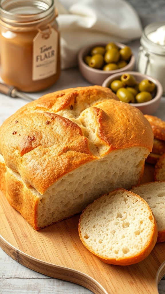 Vegan Bread Machine Recipe Freshly baked vegan bread loaf with golden crust and soft interior on a wooden board.